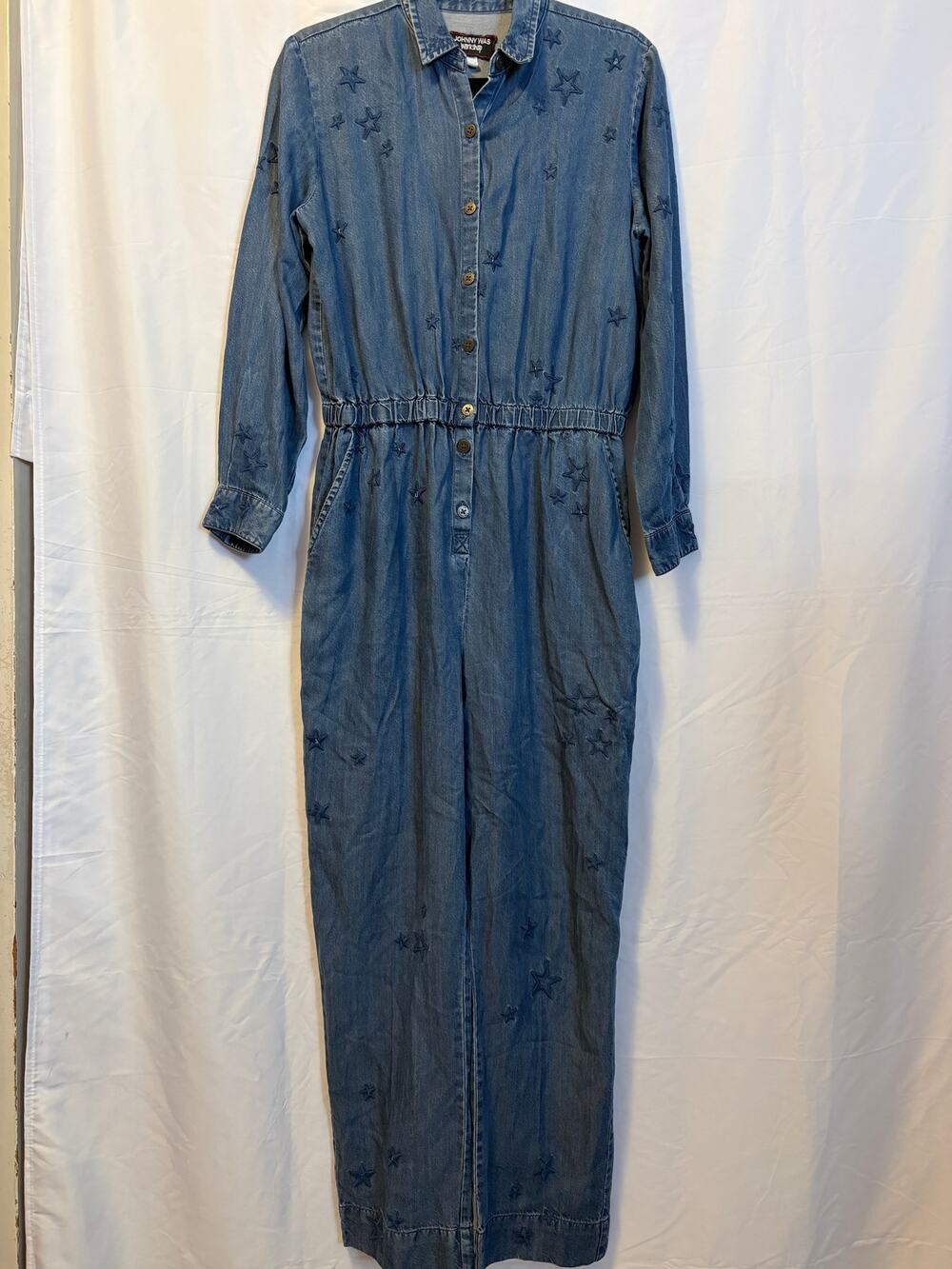 Johnny Was Workshop Halley Embroidered Jumpsuit Blue Collared Long Sleeve Sz S